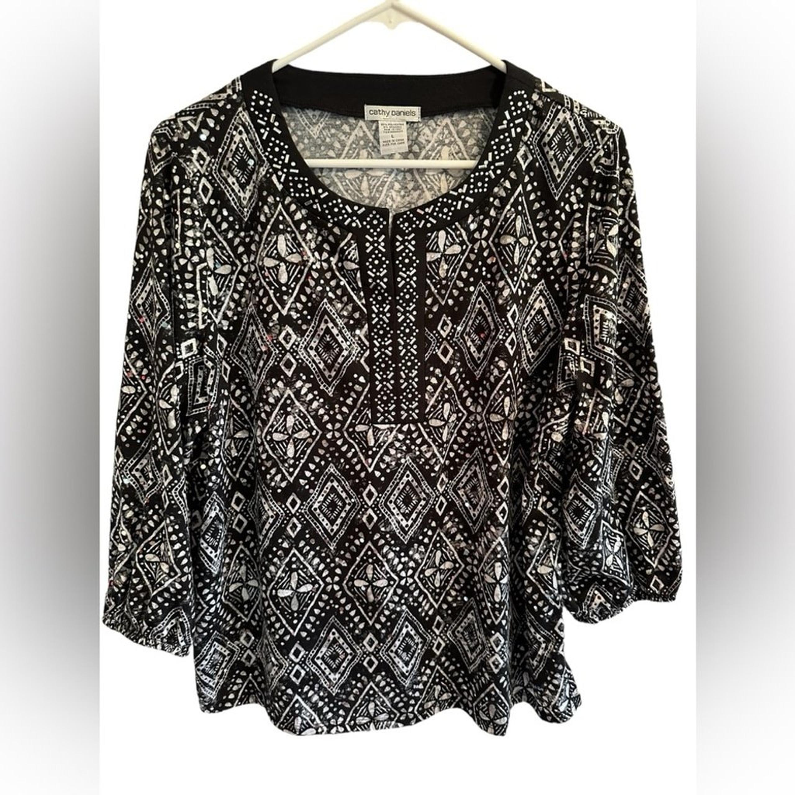 Cathy Daniels Large Embellished Sparkle Tunic Blouse Top V-Neck 3/4 Sleeves