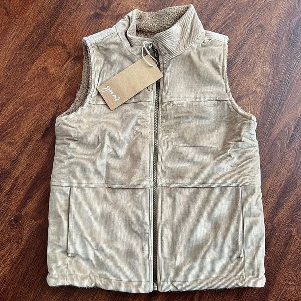 New Goumi Kids Champignon Sherpa Corduroy Vest SZ 10-12Y Tan Reversible Pockets