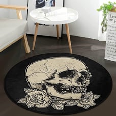 Round Skull Area Rug 4ft - Skull Rose Flower Black Round Carpet Non-Slip Rug.