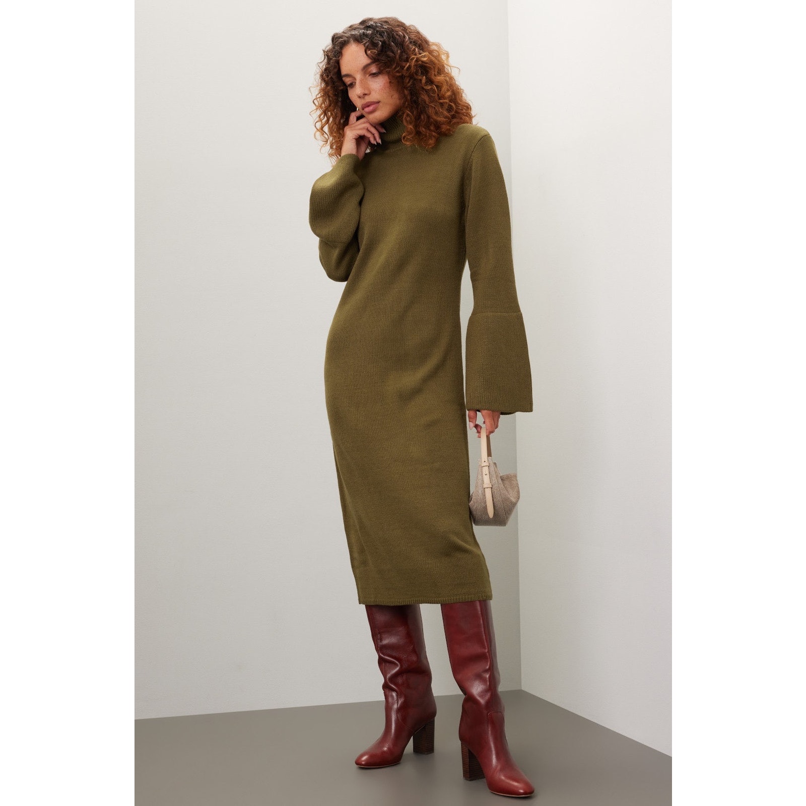 Area Stars Delilah Olive Green Knit Long Sleeve Mock Neck Midi Dress Size M