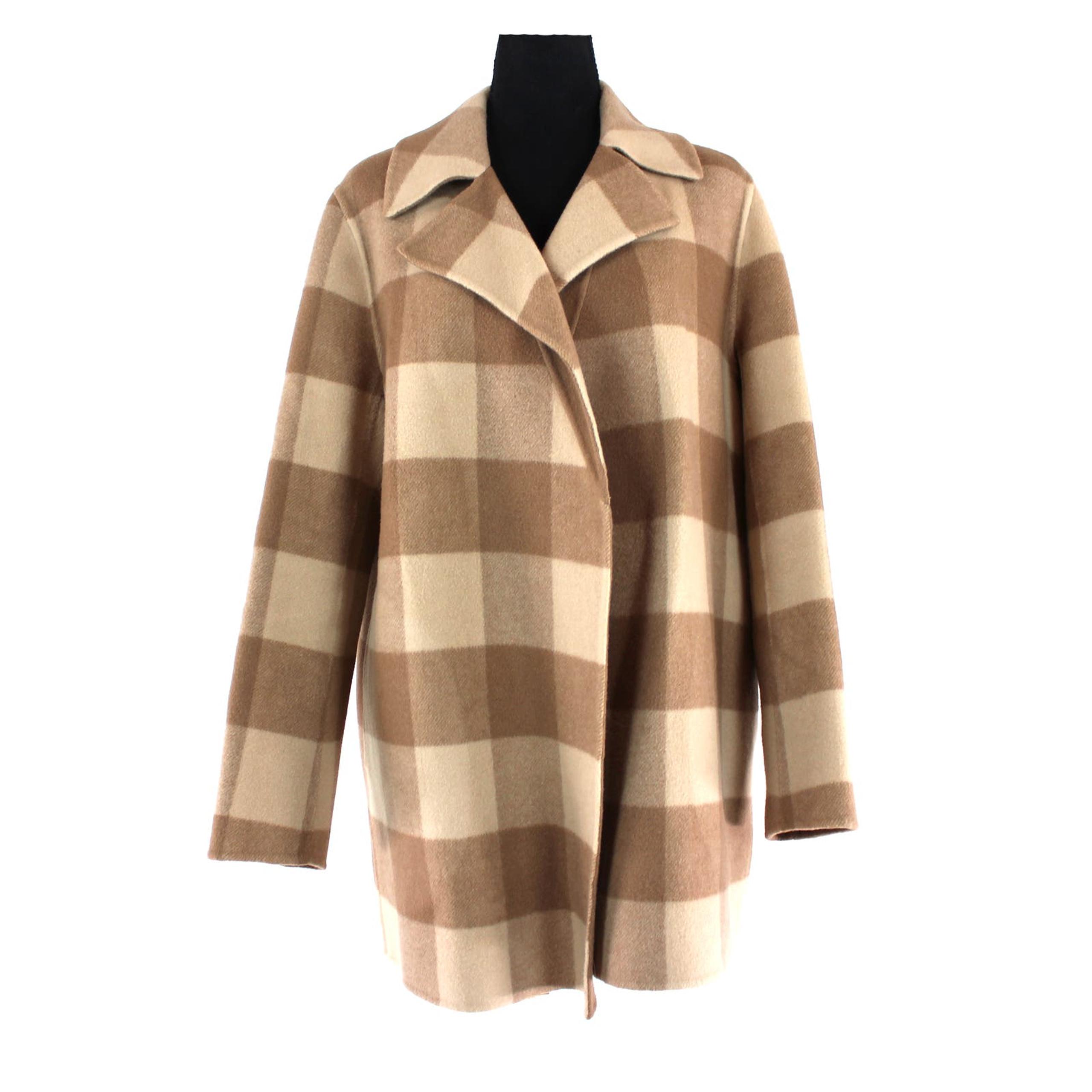 Theory Double Face Tan Wool Check Over Coat Small Overlay Brown Open Jacket