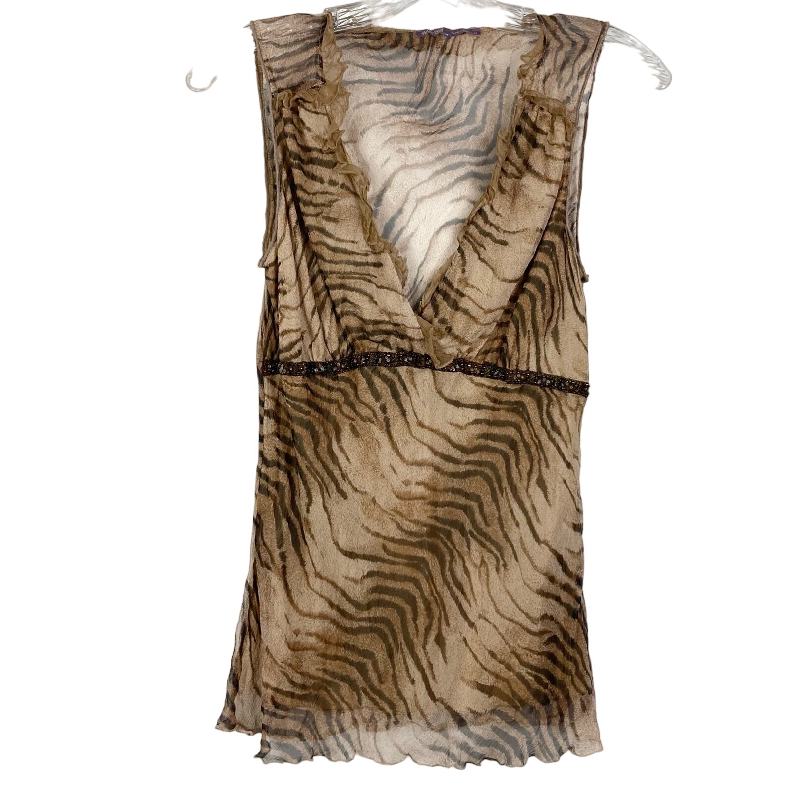 NWOT HALE BOB Top M Silk Animal Beaded Ruffle V Sheer Lined Sleeveless Brown