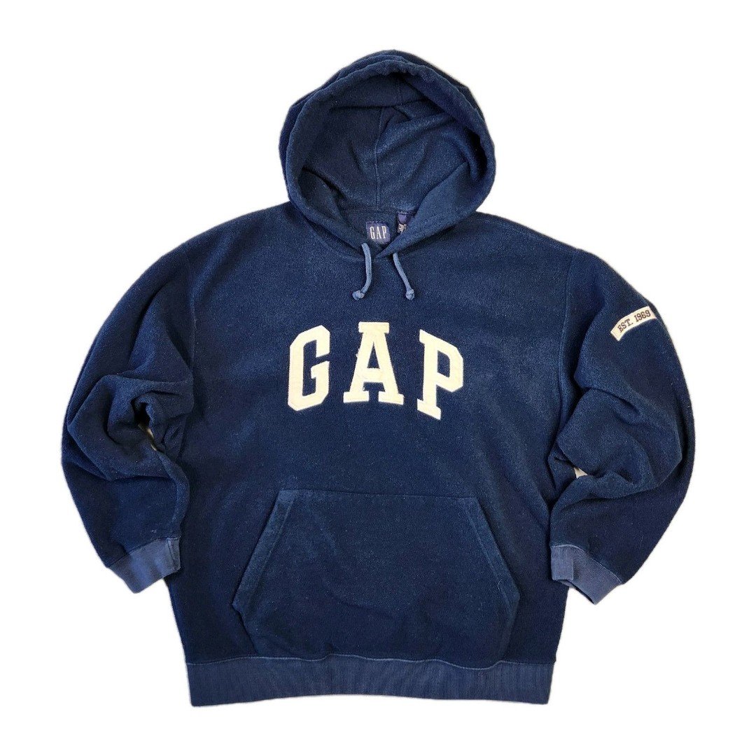 Vtg 90s GAP Hoodie M Y2k Fleece Spellout Embroidered Patch Streetwear Retro Edgy