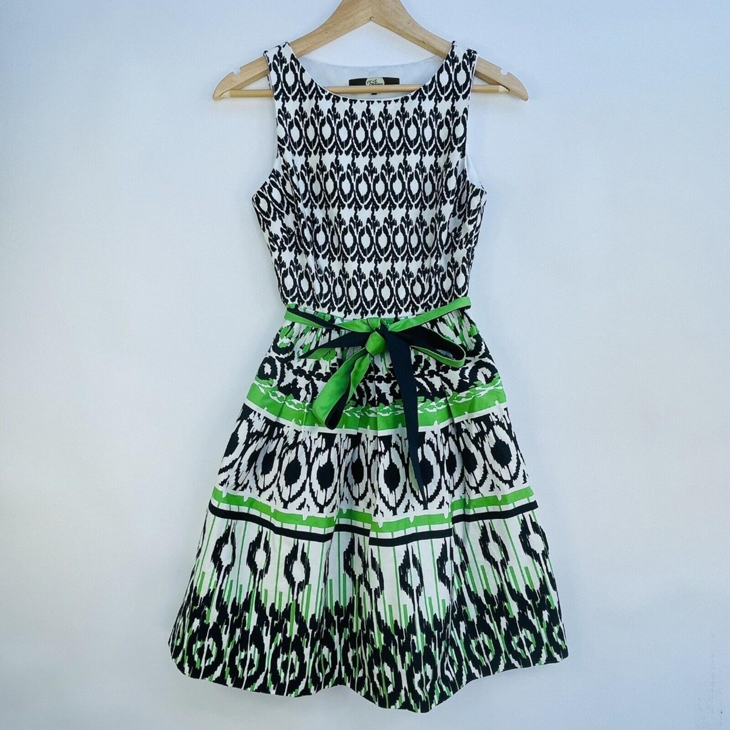 EVA FRANCO Navy Green Print Sleeveless Full Skirt Tie Sash Dress Womens Sz 0