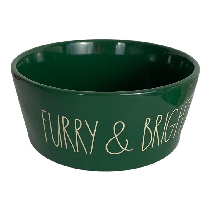 Rae Dunn Pet Bowl Furry & Bright Pet Ceramic Bowl Holiday Green Large 8 NEW
