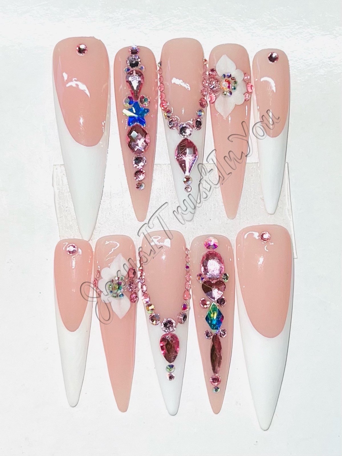 3XXX STILETTO FANCY FRENCH GEL PRESS ON NAILS