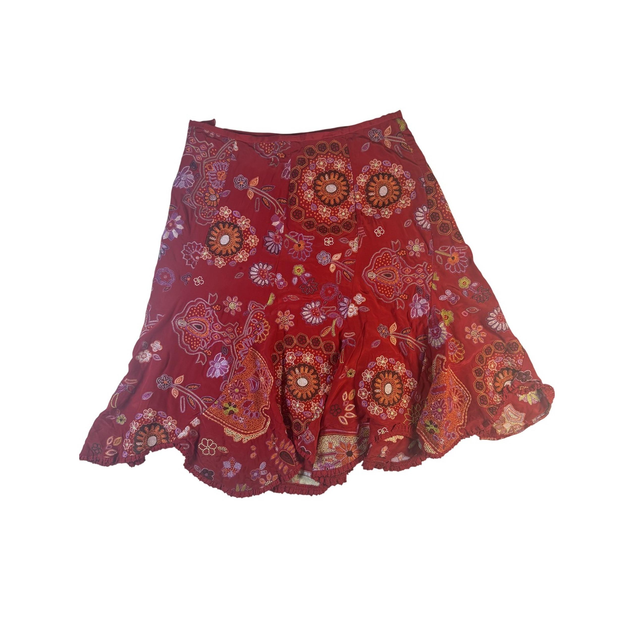 ECI Skirt Womens 12 Red Silk Floral Embroidered Boho Festival Flare Maxi Summer