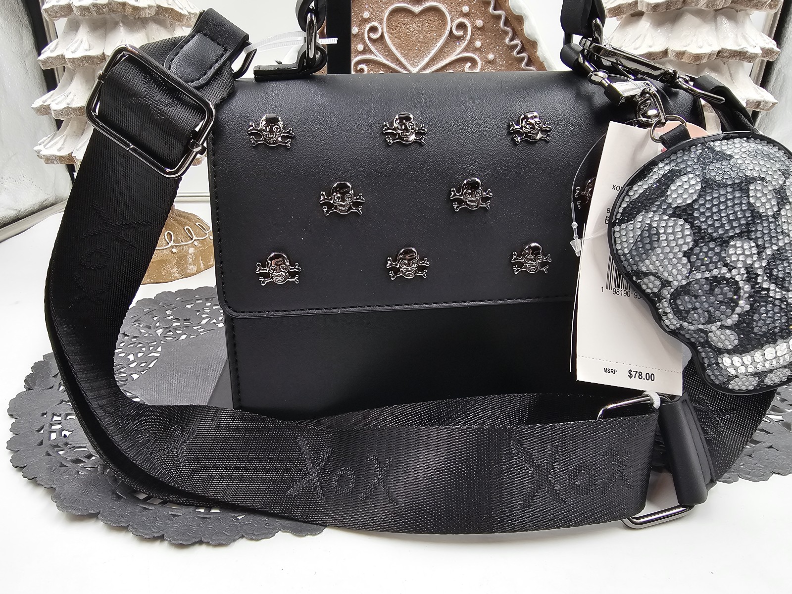 Betsey Johnson Skull Stud Crossbody Bag w/ Rhinestone Skull Charm NWT