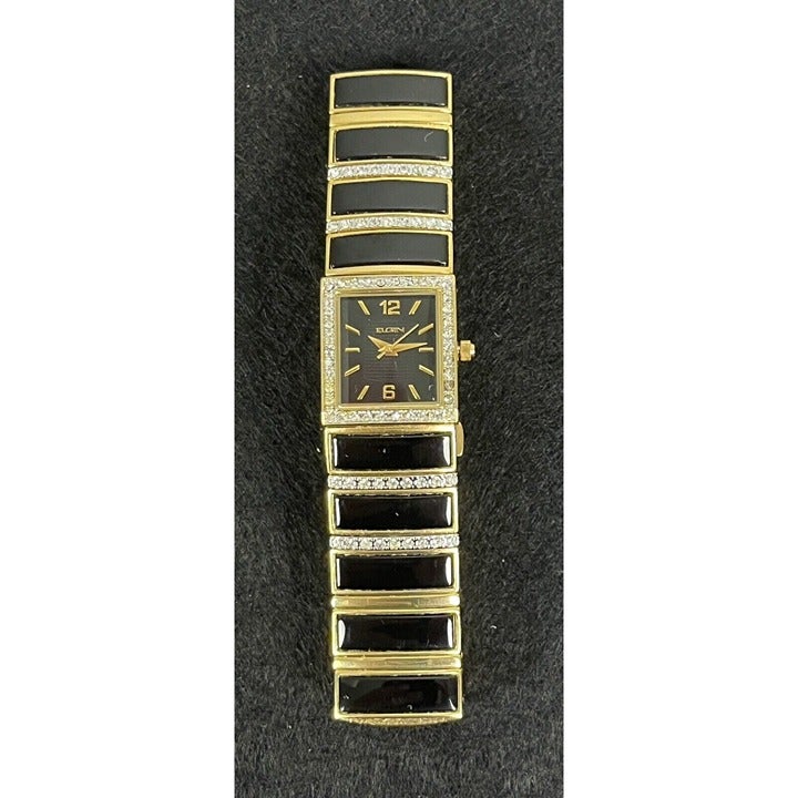 Elgin Vintage Rhinestone Bezel Band Gold Black Tone Watch New Battery 7.5