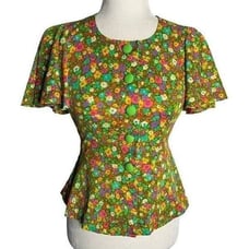 Vintage 60s Stretch Knit Peplum Top S Green Pink Groovy Floral Flutter Sleeve