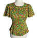 Vintage 60s Stretch Knit Peplum Top S Green Pink Groovy Floral Flutter Sleeve