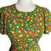 Vintage 60s Stretch Knit Peplum Top S Green Pink Groovy Floral Flutter Sleeve
