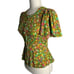 Vintage 60s Stretch Knit Peplum Top S Green Pink Groovy Floral Flutter Sleeve