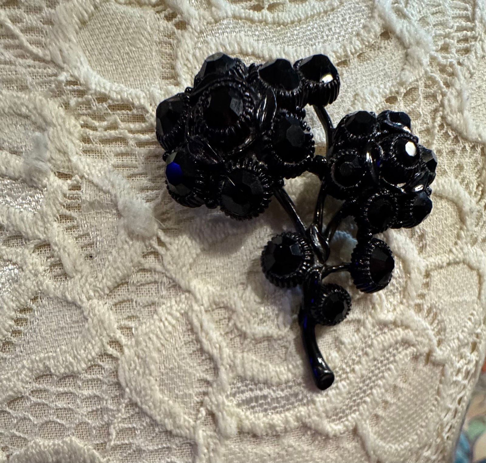 Vintage Weiss Black Enamel Flower Brooch, Weiss Black Rhinestone Flower Brooch