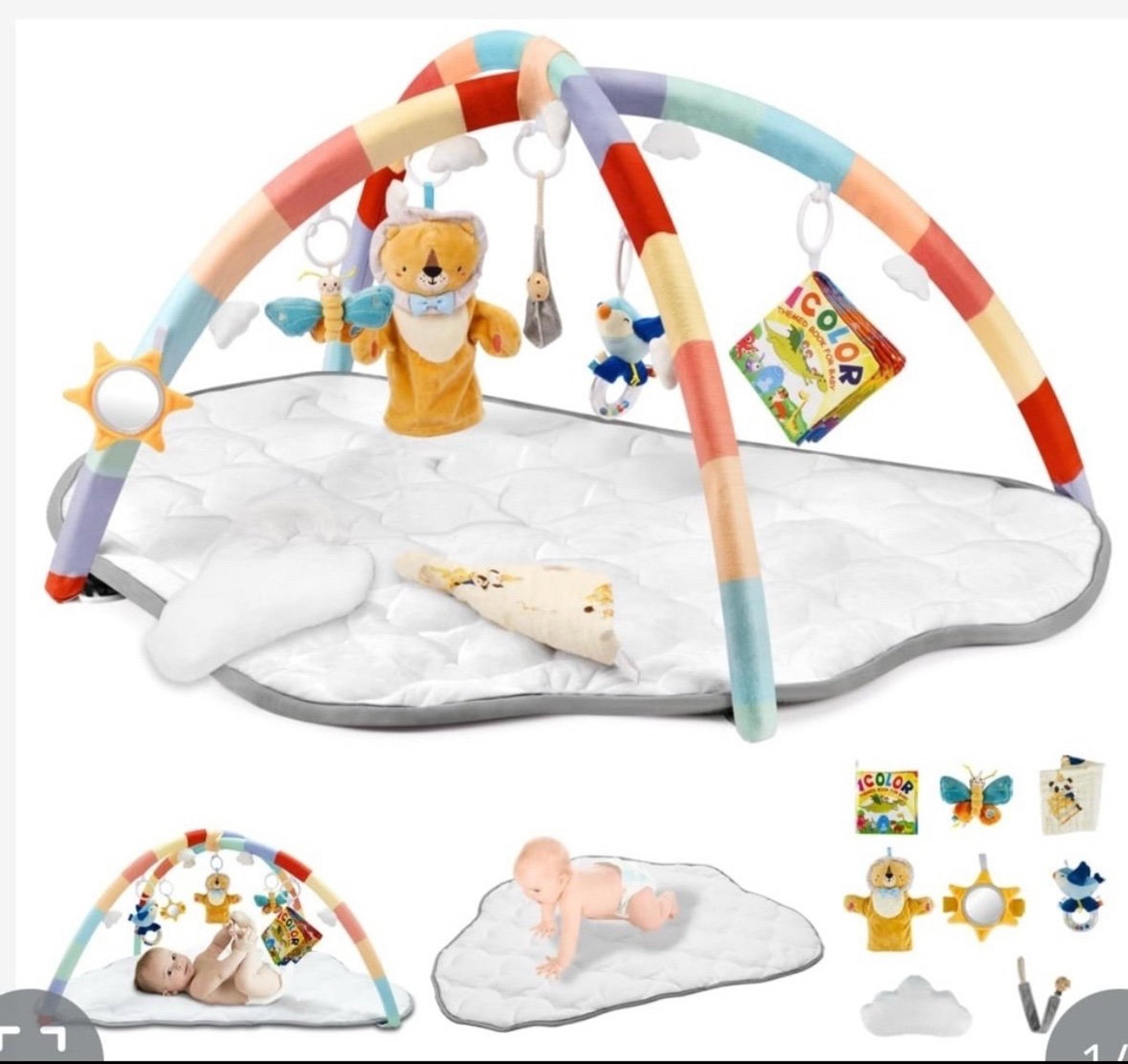 Flelamo Baby Play Gym Mat, 8-In-1 Baby Play Mat With 6 Detachable Toys & Burp Cl