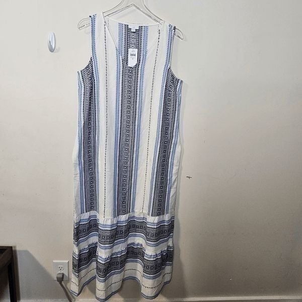 J. Jill Cotton Blend Embroidered Tiered V-Neck Boho Hem Sun Dress NWT Women's Bl