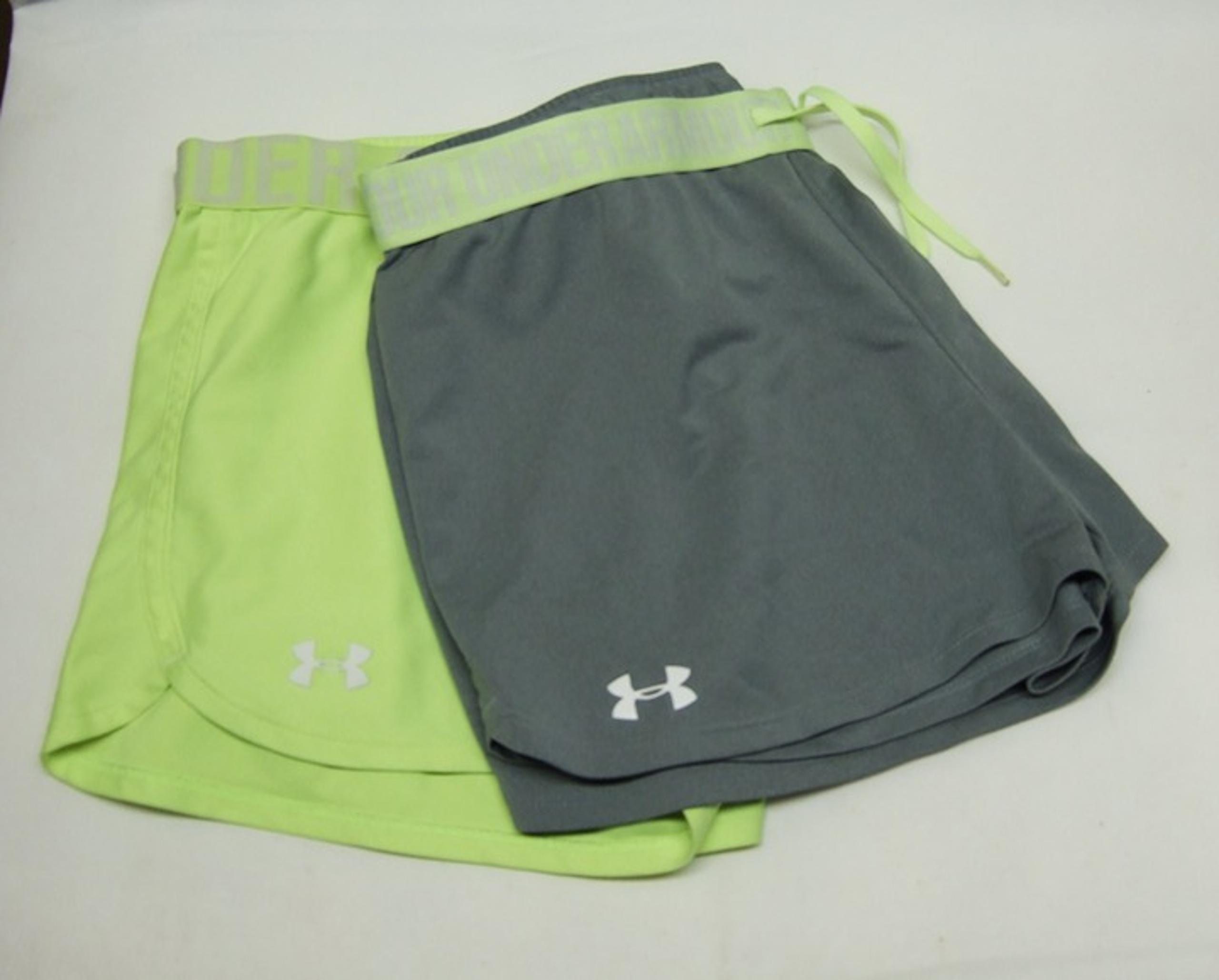 2 Under Armour Athletic Shorts Loose Coupe Heat Gear Gray/Yellow Womens Lg