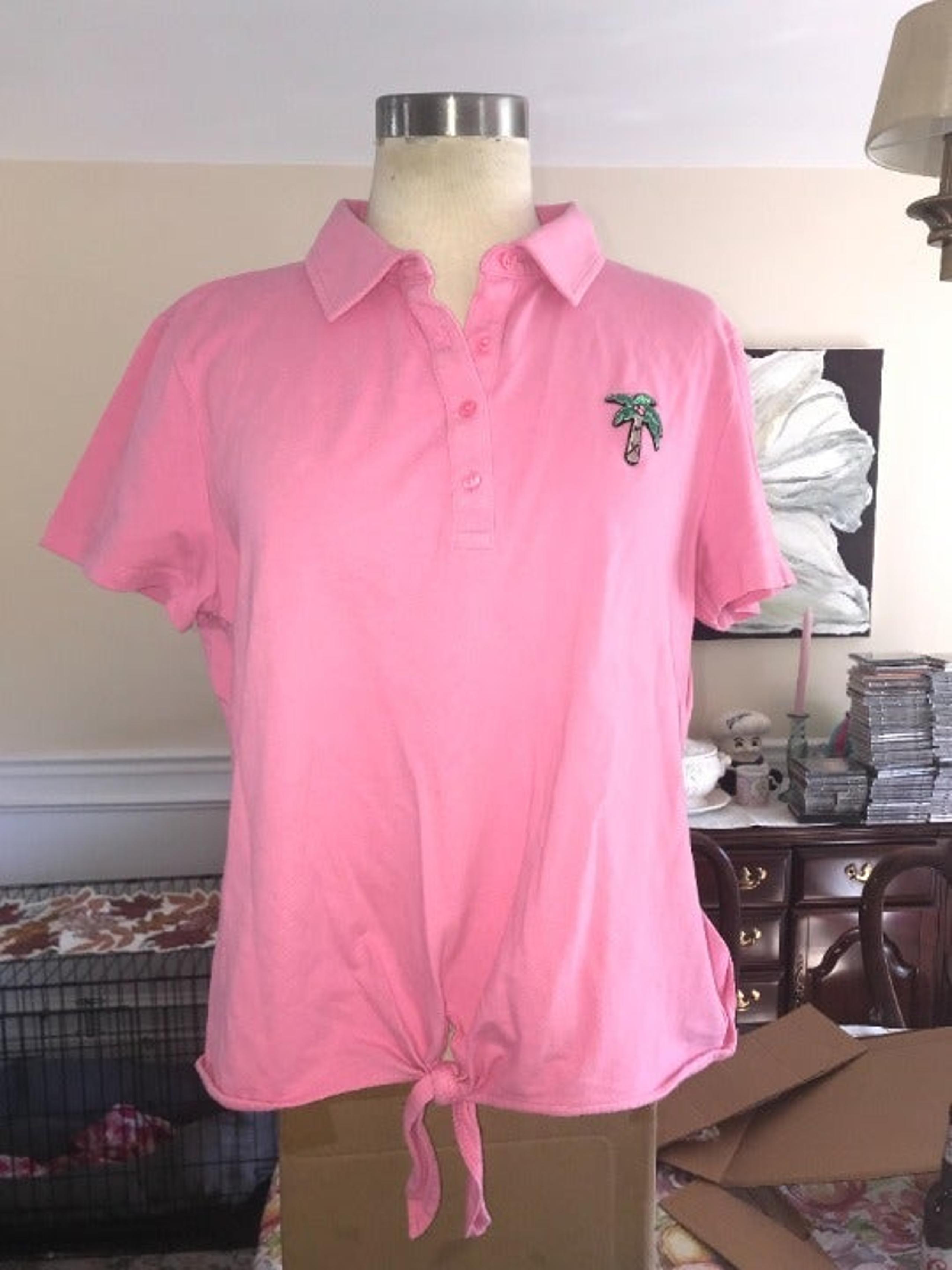2017 TALBOTS LARGE 95% COTTON women's coconut tree embroidered pink polo shirt