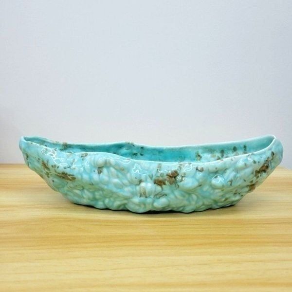 Vintage MCM California Pottery Aqua Teal Speckle Long Planter