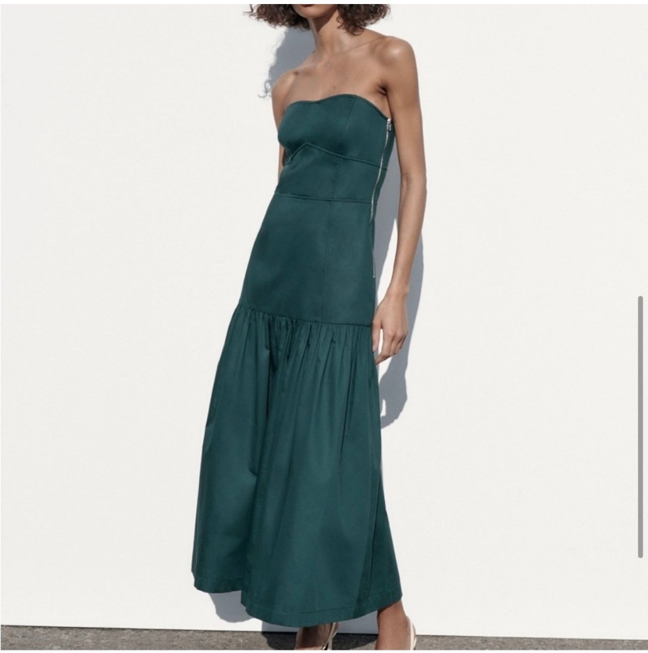 ZARA TOPSTITCHED MIDI DRESS emerald dress with top stitching, strapless bustier