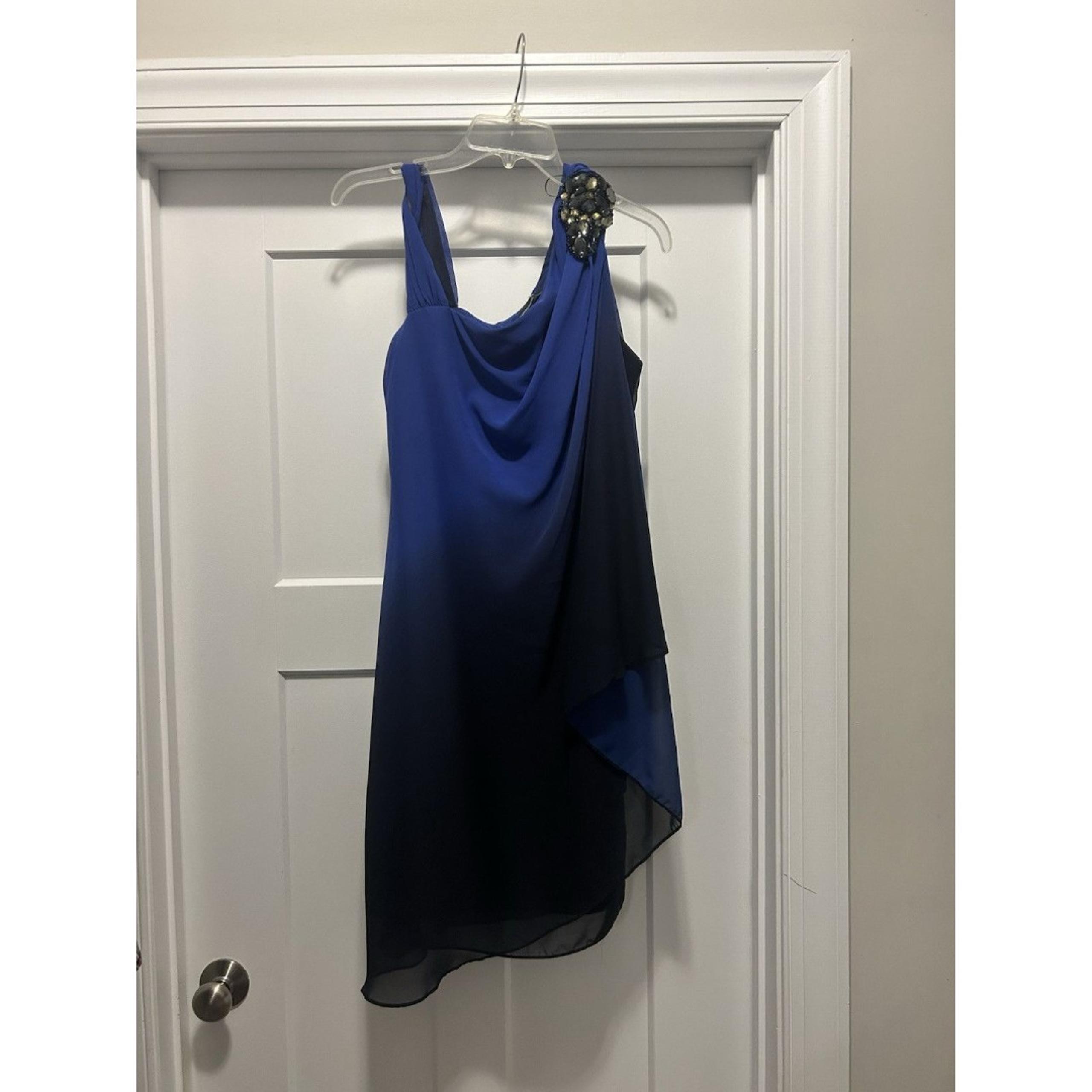 R&M Richards Embellished One Shoulder Chiffon Dress Size 14 Blue Ombré Cocktail