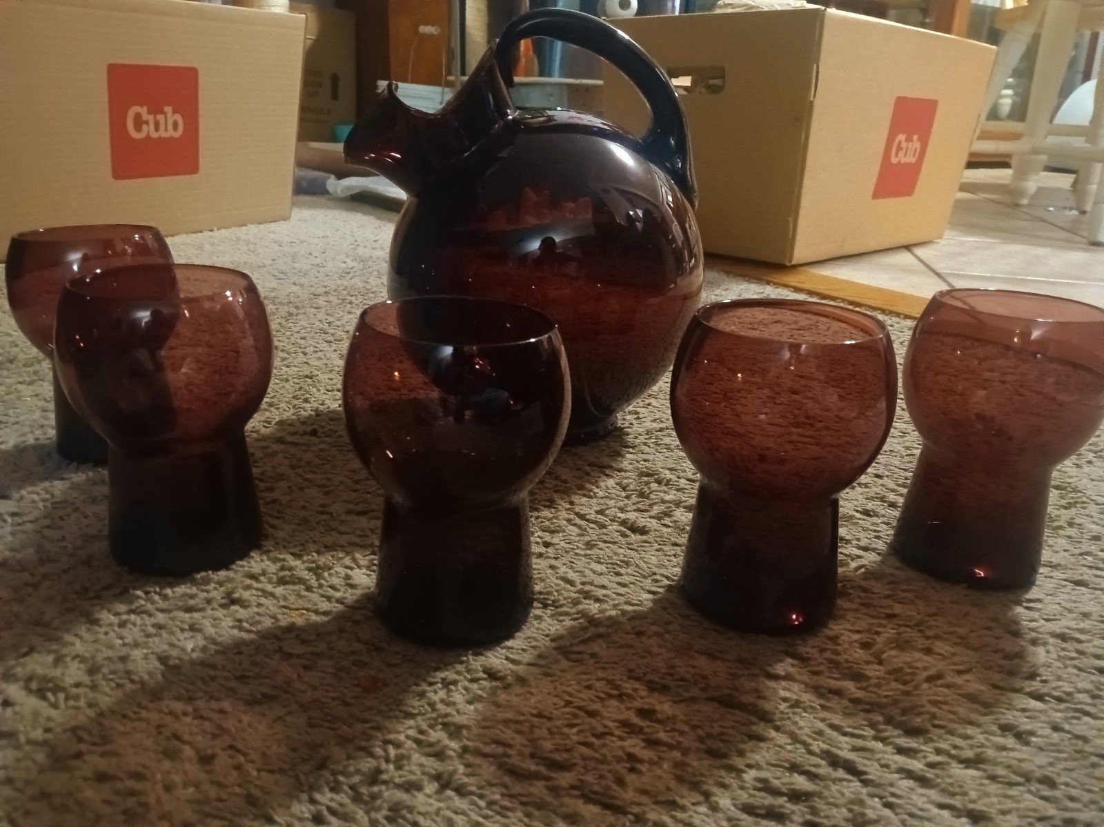CAMBRIDGE DARK AMETHYST BALL PITCHER WITH (5) 12 oz. TUMBLERS
