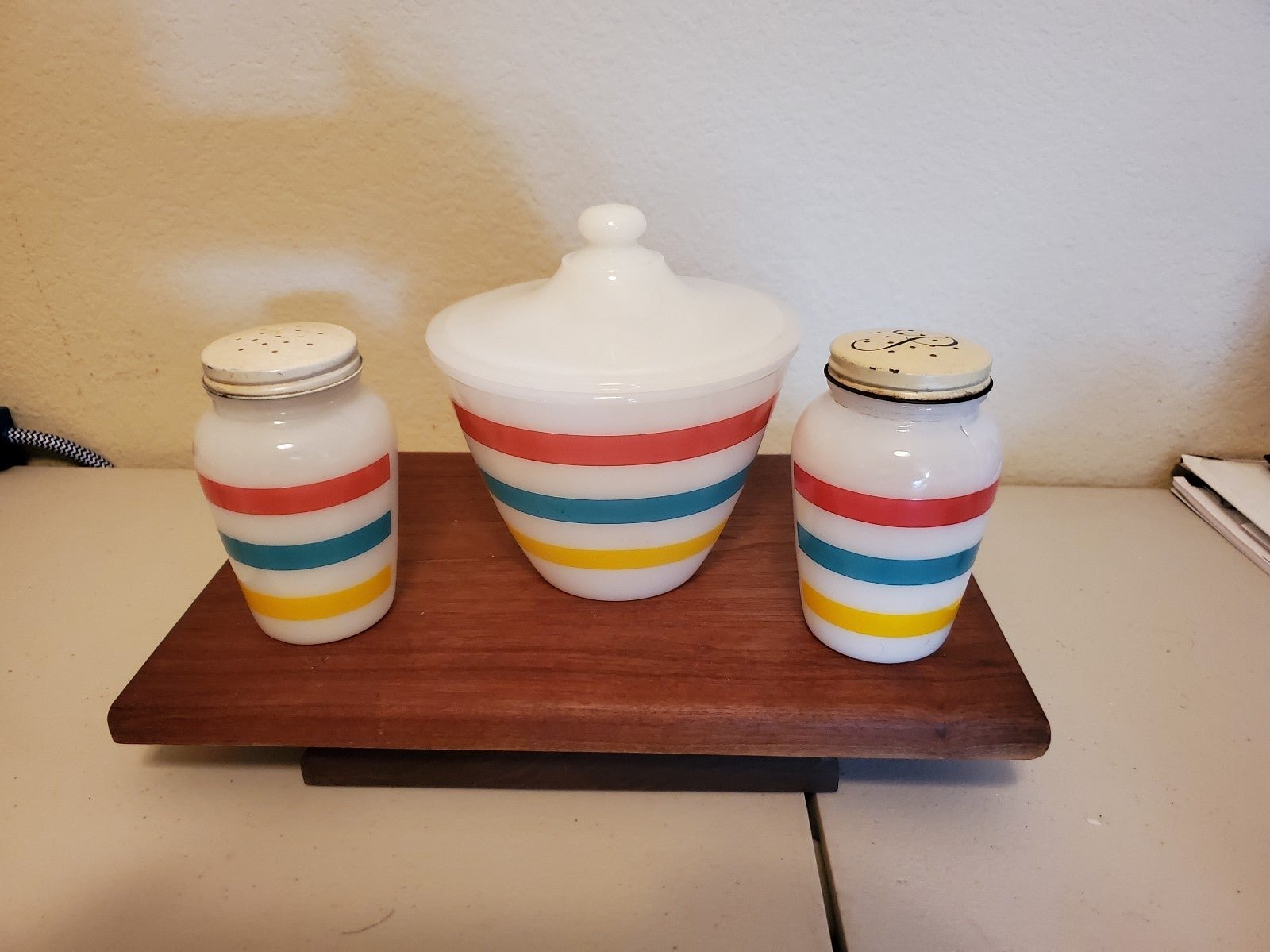 HTF Fireking Colonial Stripe Range Set Grease Jar with Salt and Pepper Shakers