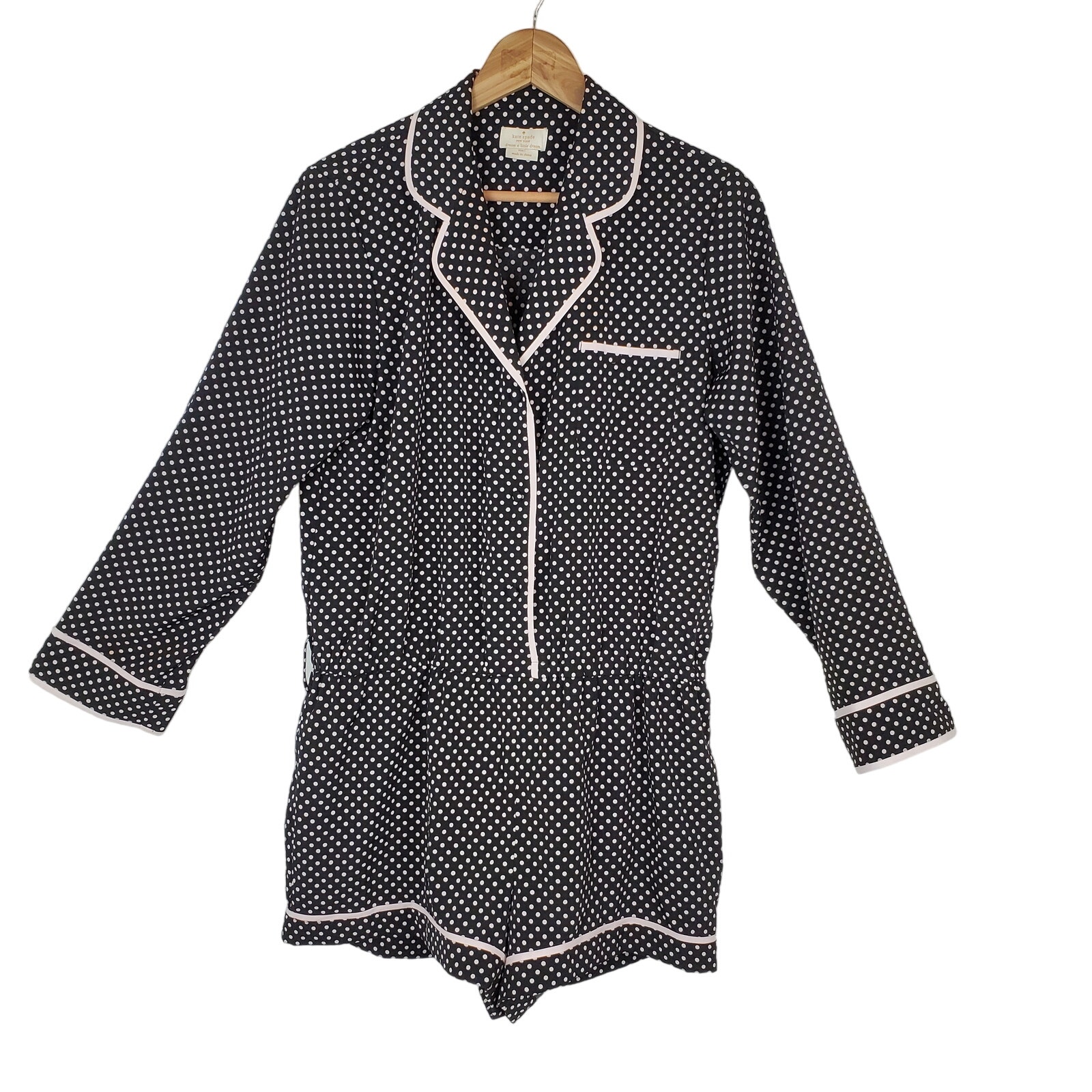 Kate Spade Black Light Pink Polka Dot Long Sleeve Button Front Romper Large