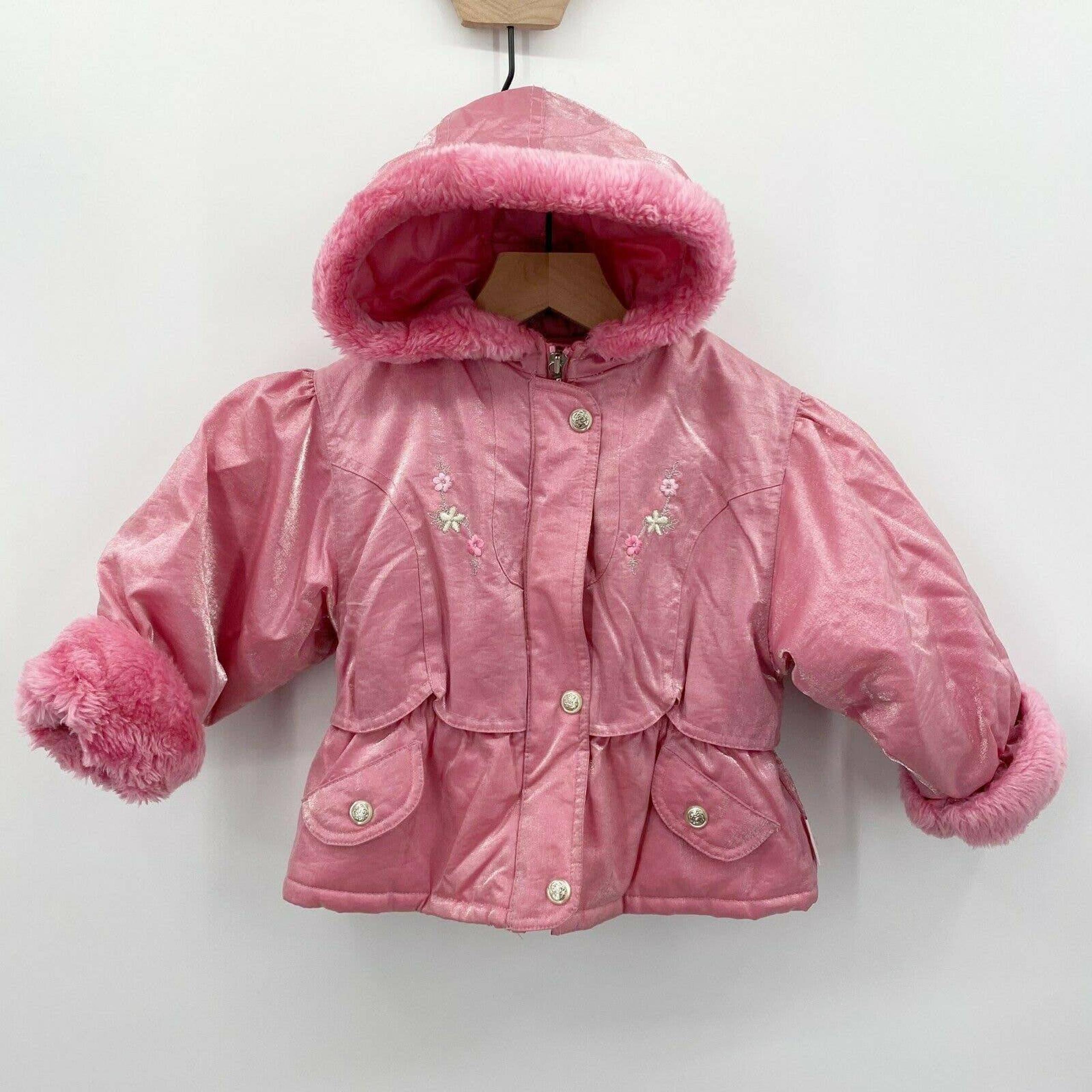 Vintage OshKosh Baby Girl Sz 24 Months Pink Winter Coat Shimmer Fur Trim Hooded