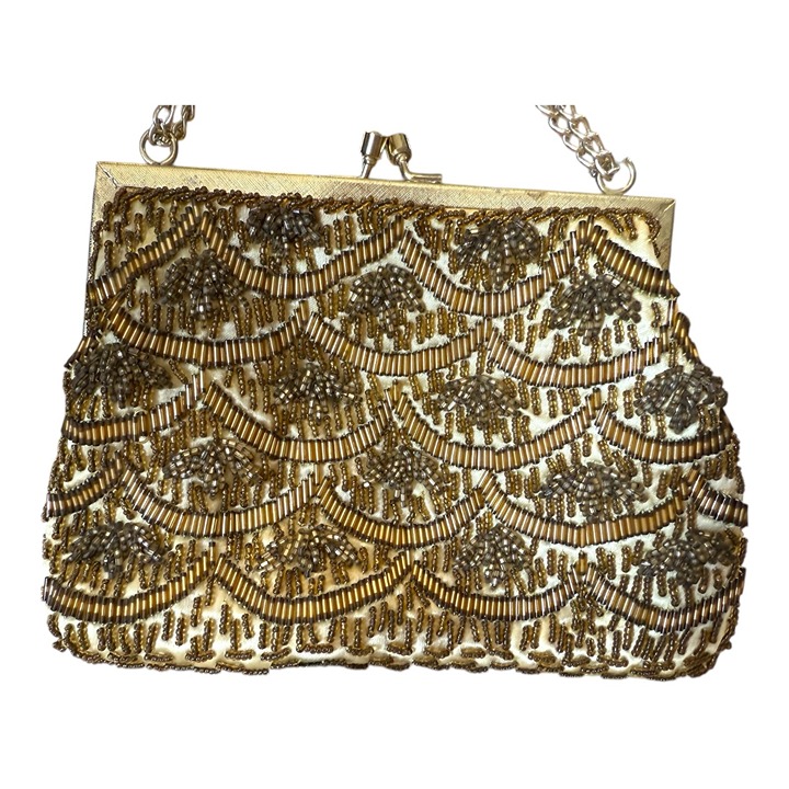 Vintage flapper art deco gold purse clutch Hand Beaded sequins shoulder chain