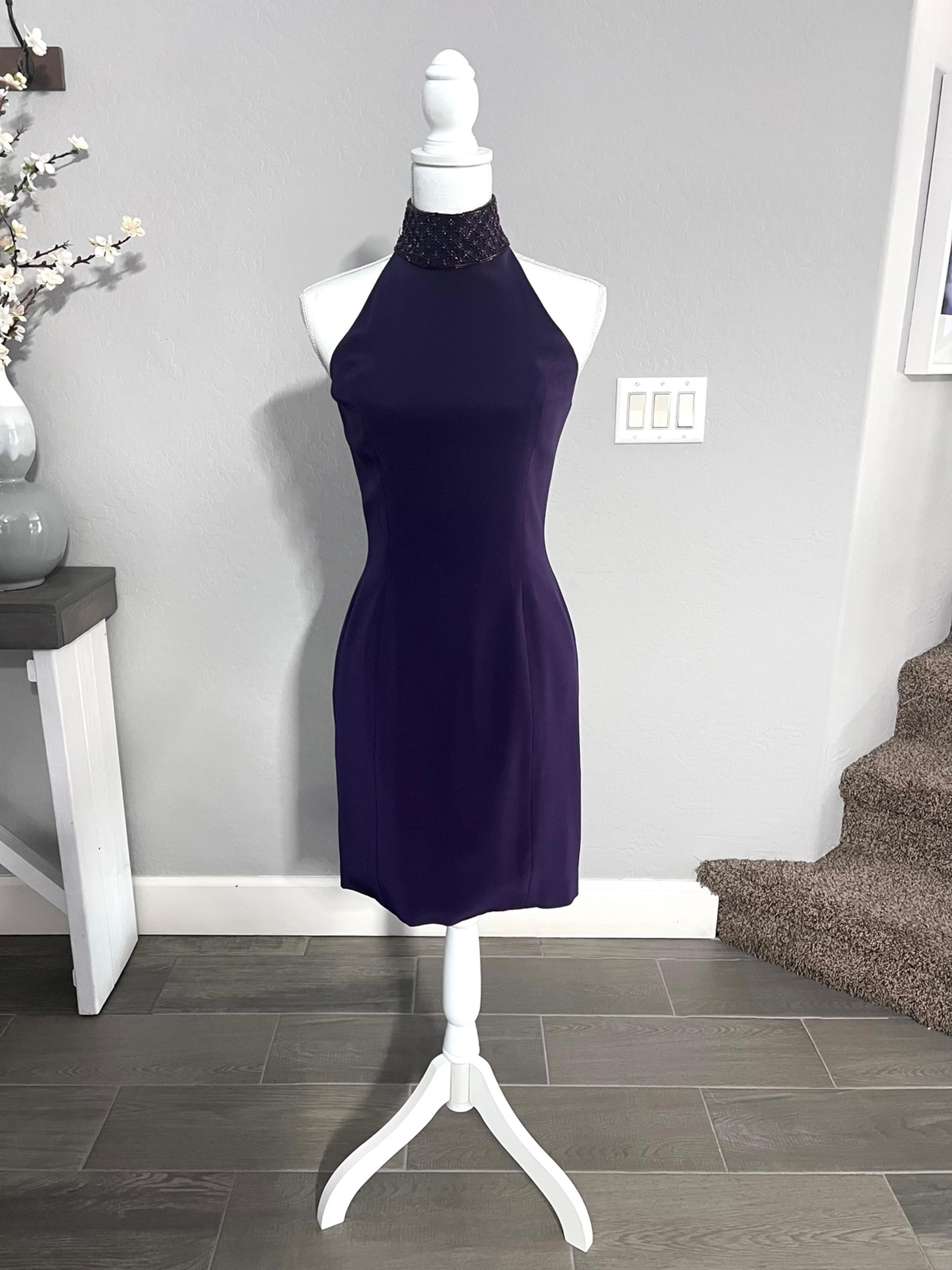 Vintage Black Tie Oleg Cassini Purple Beaded Silk Blend Formal Mini Dress