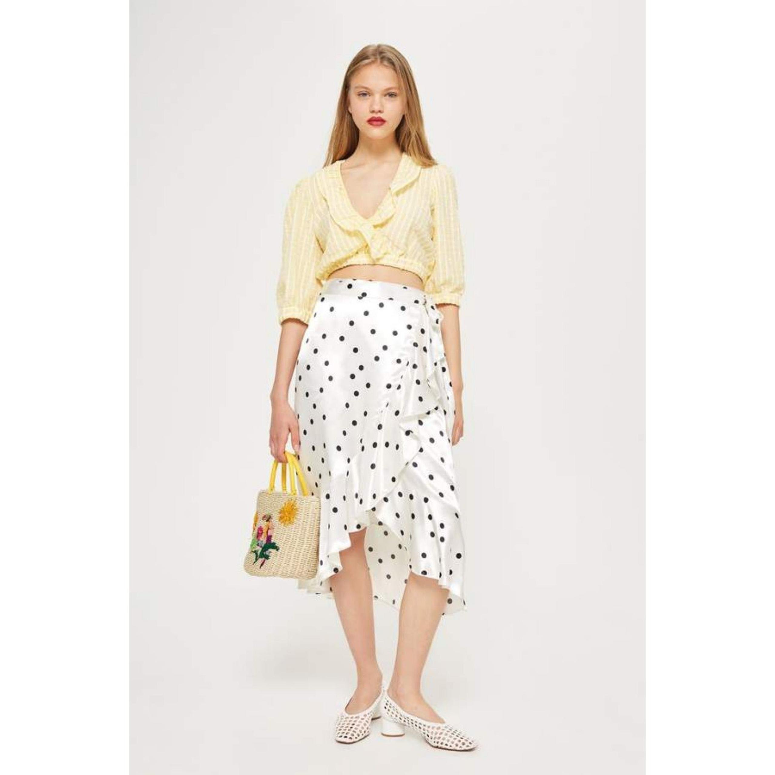 Topshop ruffle polka dot wrap satin midi skirt