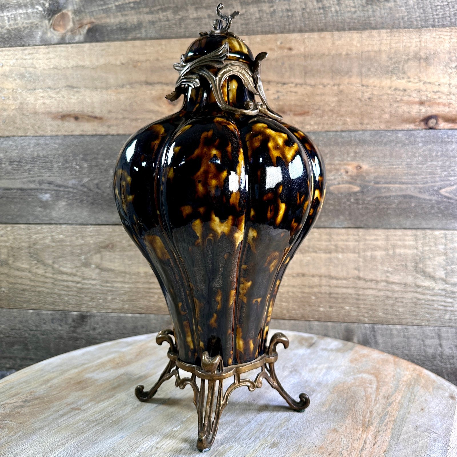 *Reserved* Vintage Castilian Imports Tortoiseshell Porcelain & Bronze Urn