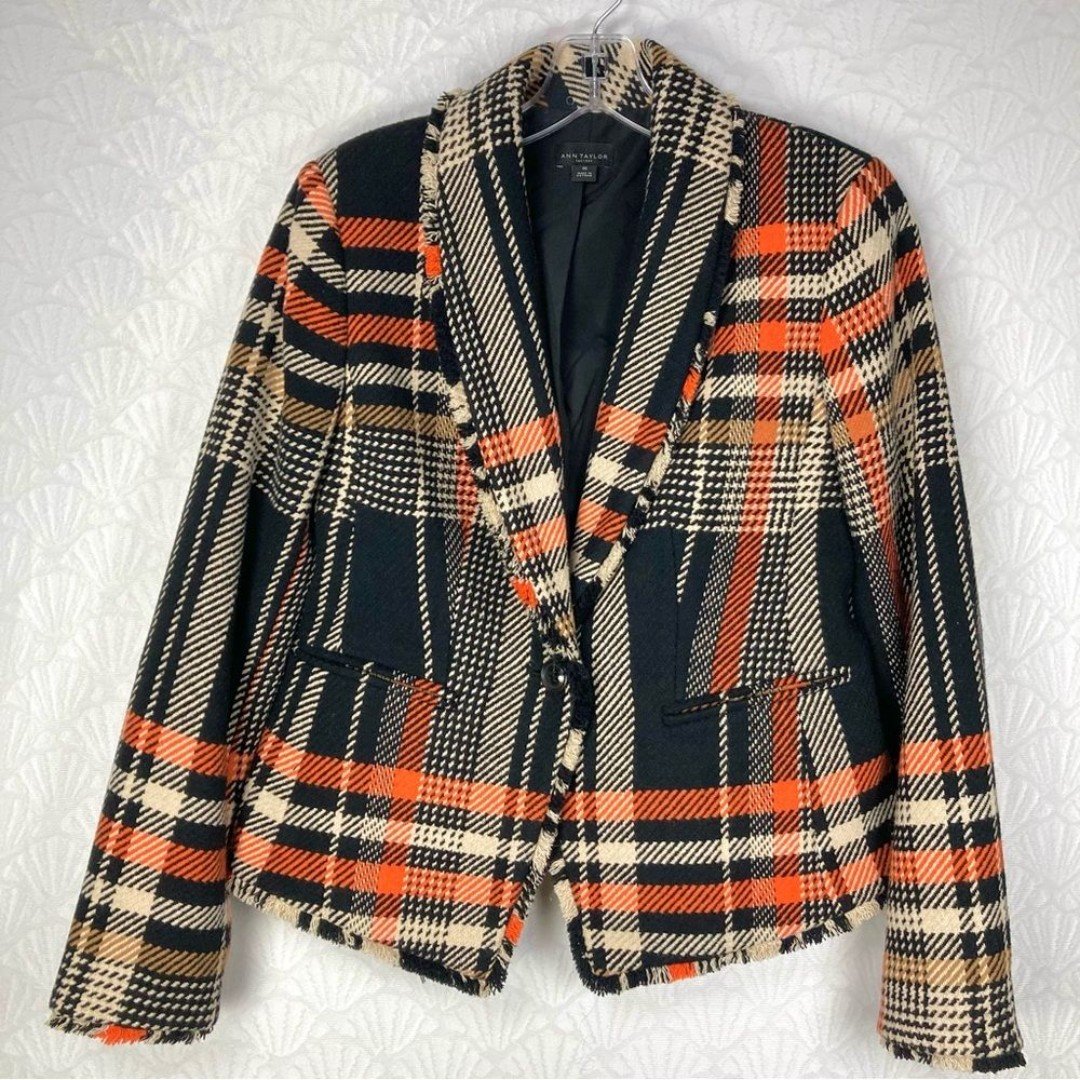 Ann Taylor Womens Size XXS Wool Blend Black/Orange Plaid Tweed Fringe Blazer New