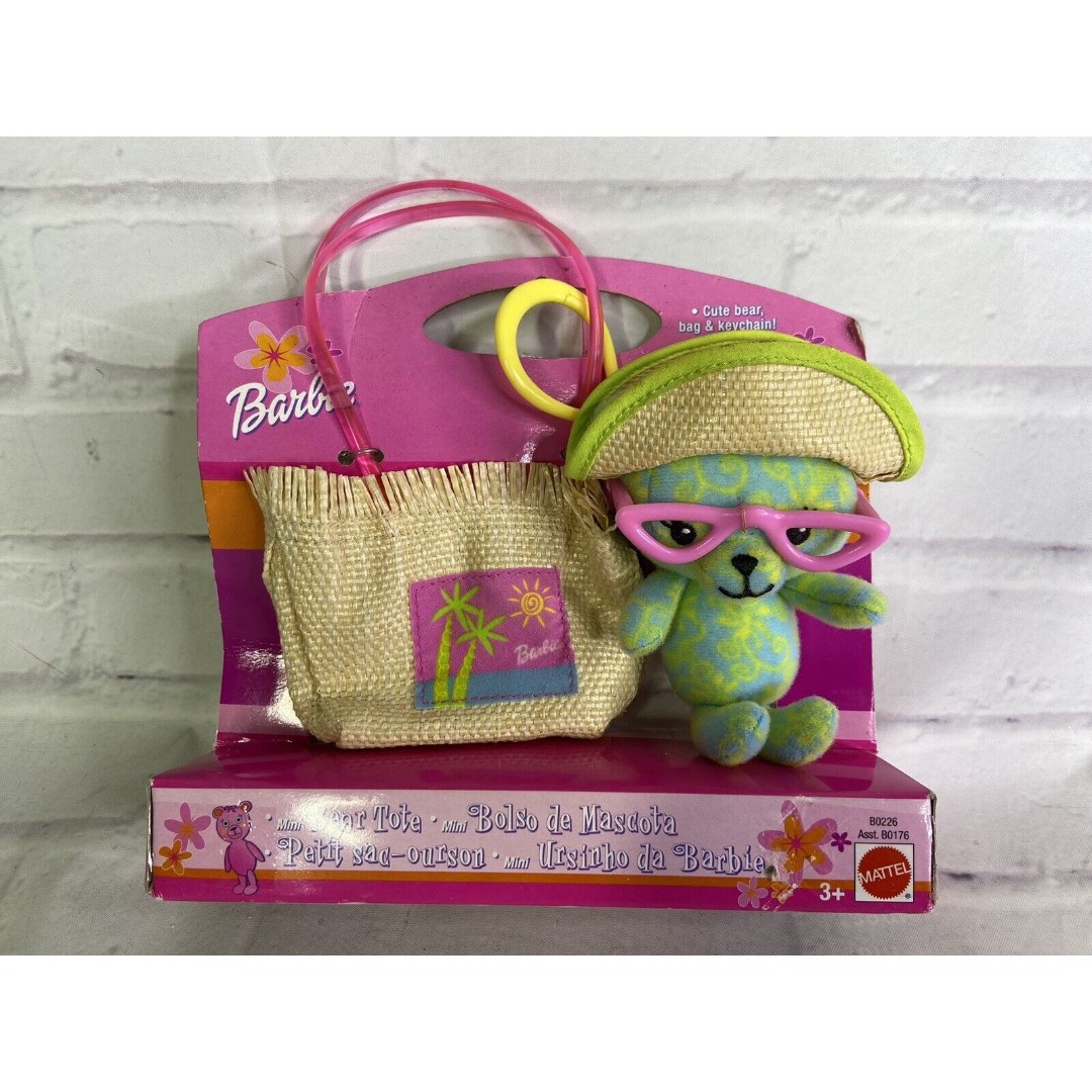 Mattel Barbie Mini Green Bear Stuffed Plush & Take a Long Tote Bag Keychain 2002