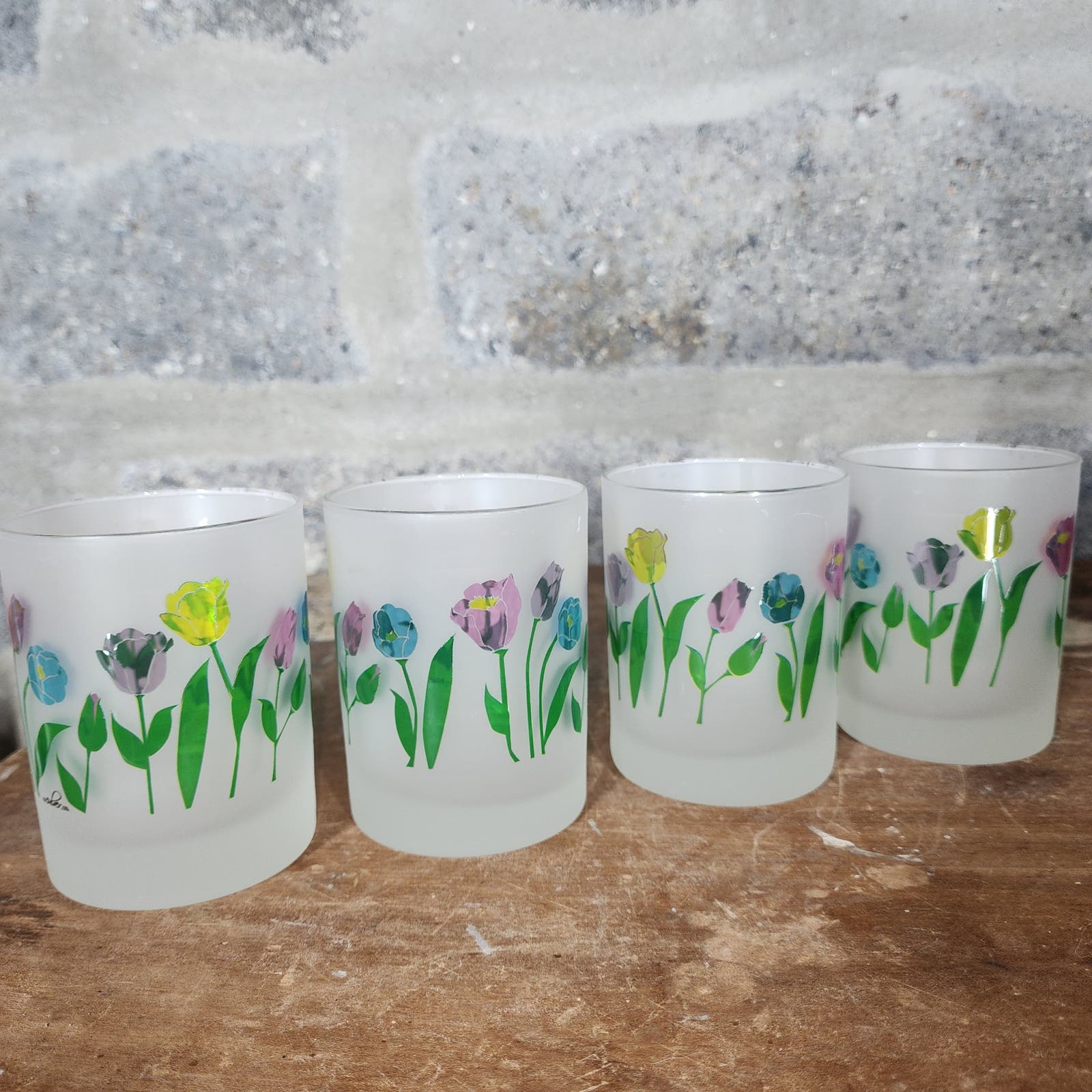 CULVER Spring Tulips Frosted Glass Cocktail Glasses Barware Set of 4 VTG