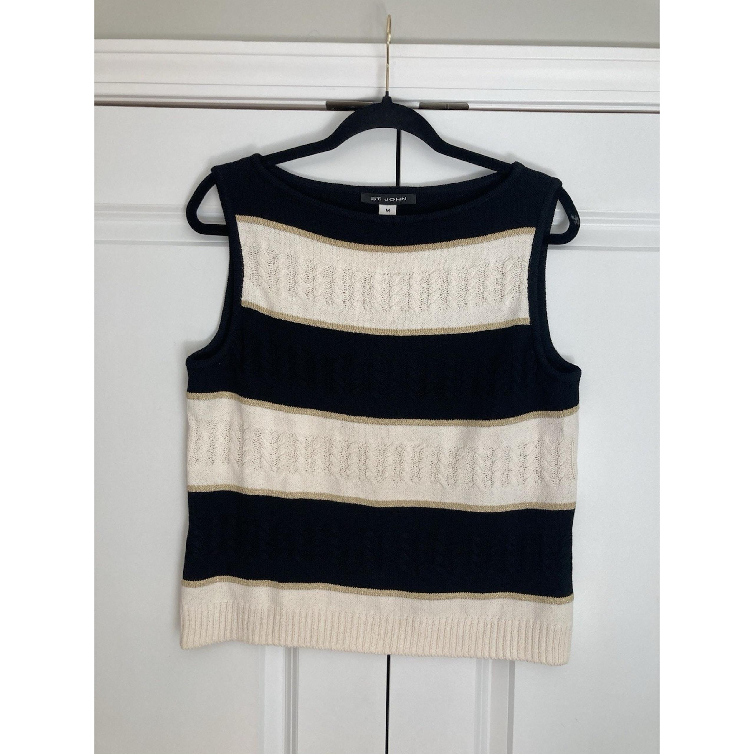 St. John Womens Medium Santana Knit Black Cream Striped Boat Neck Pullover Tank