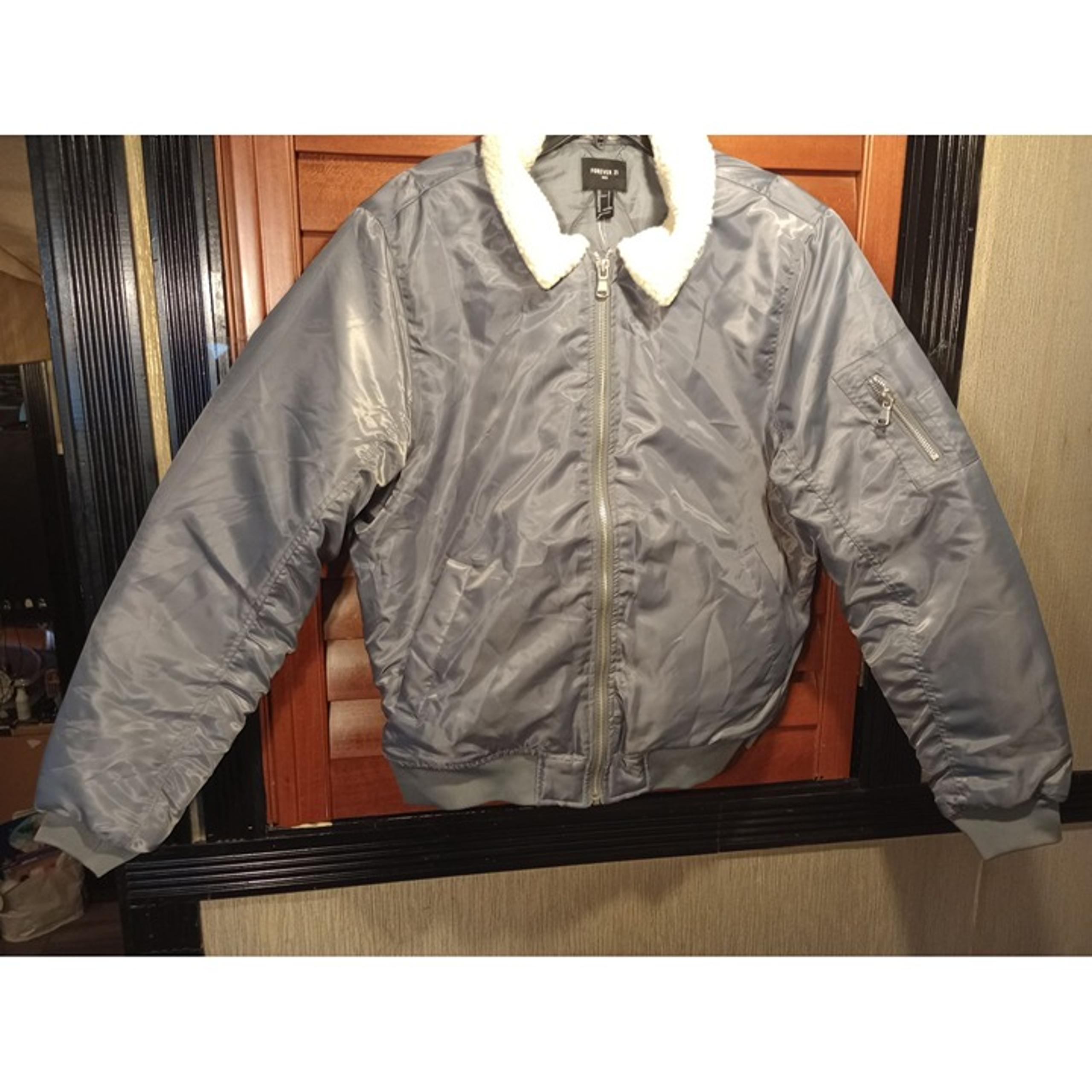 Forever 21 silver gray bomber fleece collar full zip jacket men's large