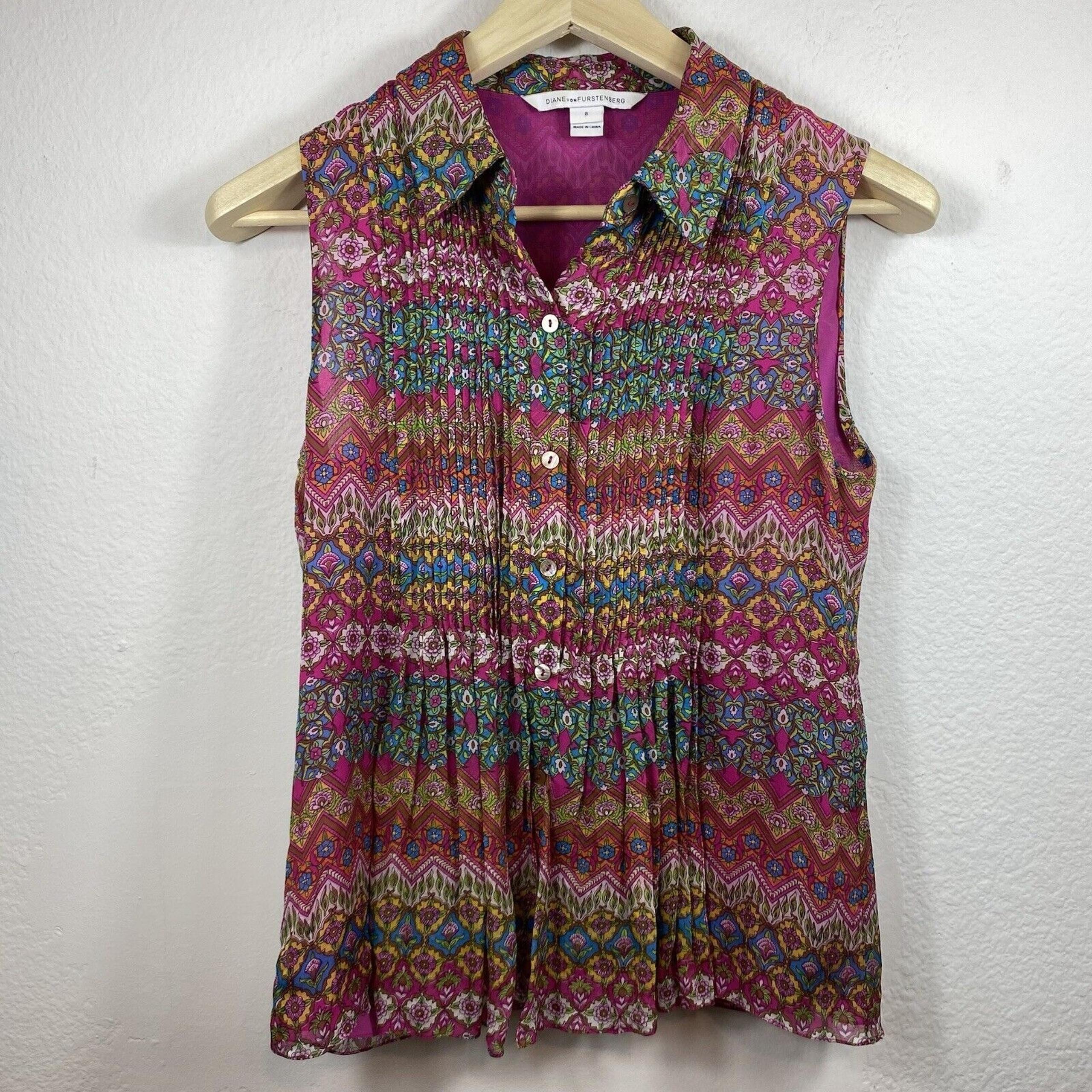 Diane Von Furstenberg Blakely Sz 8 Silk Pink Floral Boho Blouse Pleated Top
