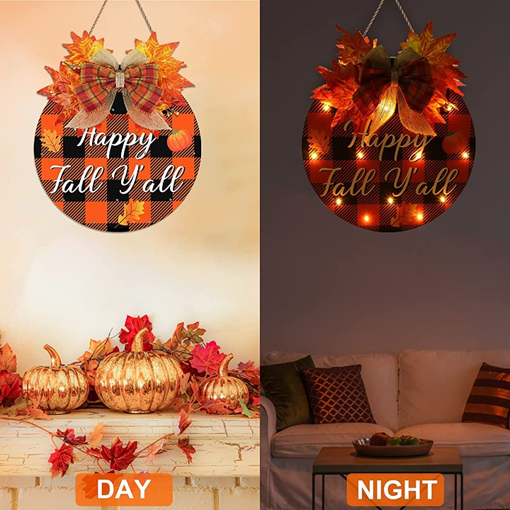 Happy Fall Y'all Door Sign, Wooden Fall Wreaths with LED Lights for Front Door