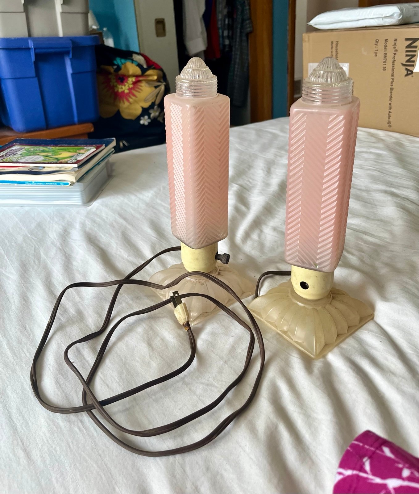 Antique depression glass bullet boudoir lamp set