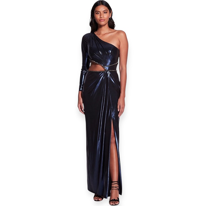 Marchesa Notte One Shoulder Maxi Dress Blue Metallic Gown Crystals Size 10 M NWT