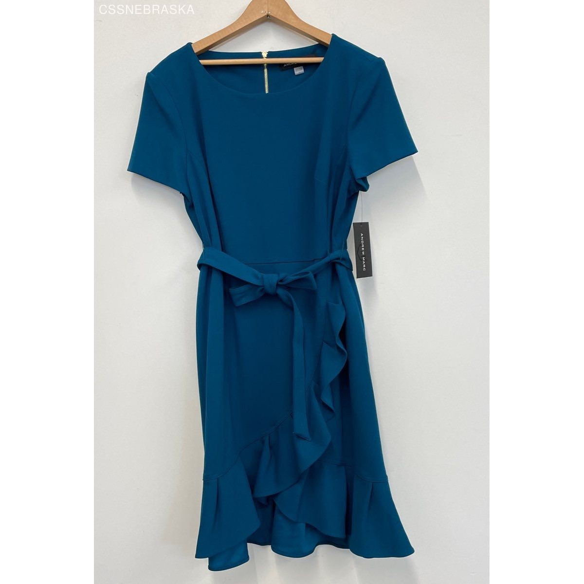 NWT Andrew Marc Teal Blue Ruffle Dress with Belt - Size 16