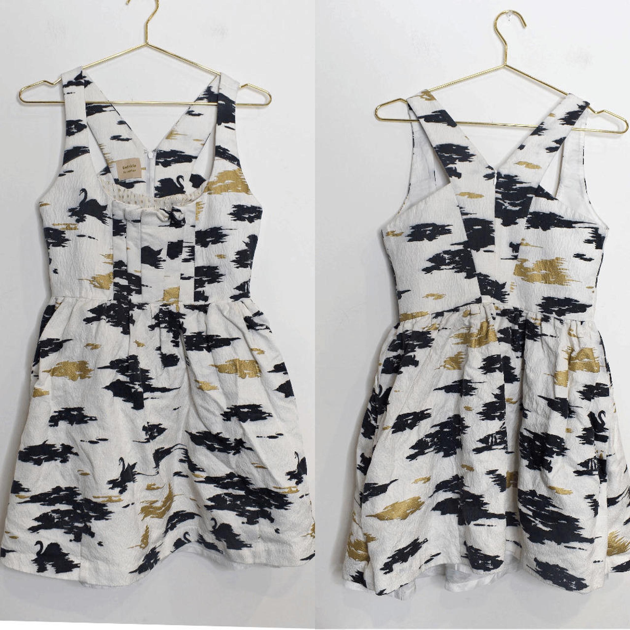Twinkle by Wenlan Cream Gold Charcoal Brocade A Line Short Sleeveless Dress - 6