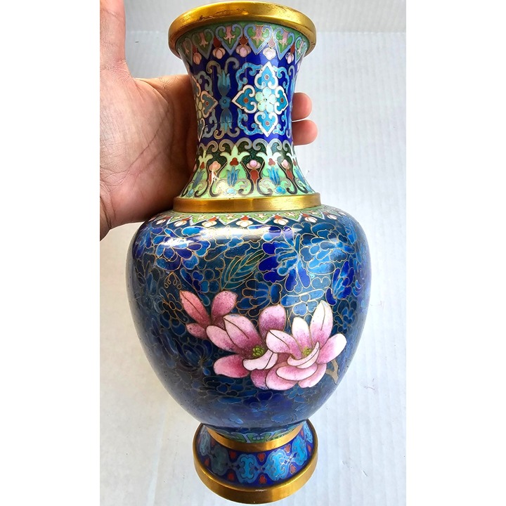 Vintage Enamel Copper Cloisonne Vase with Blue Pink Green Floral detail