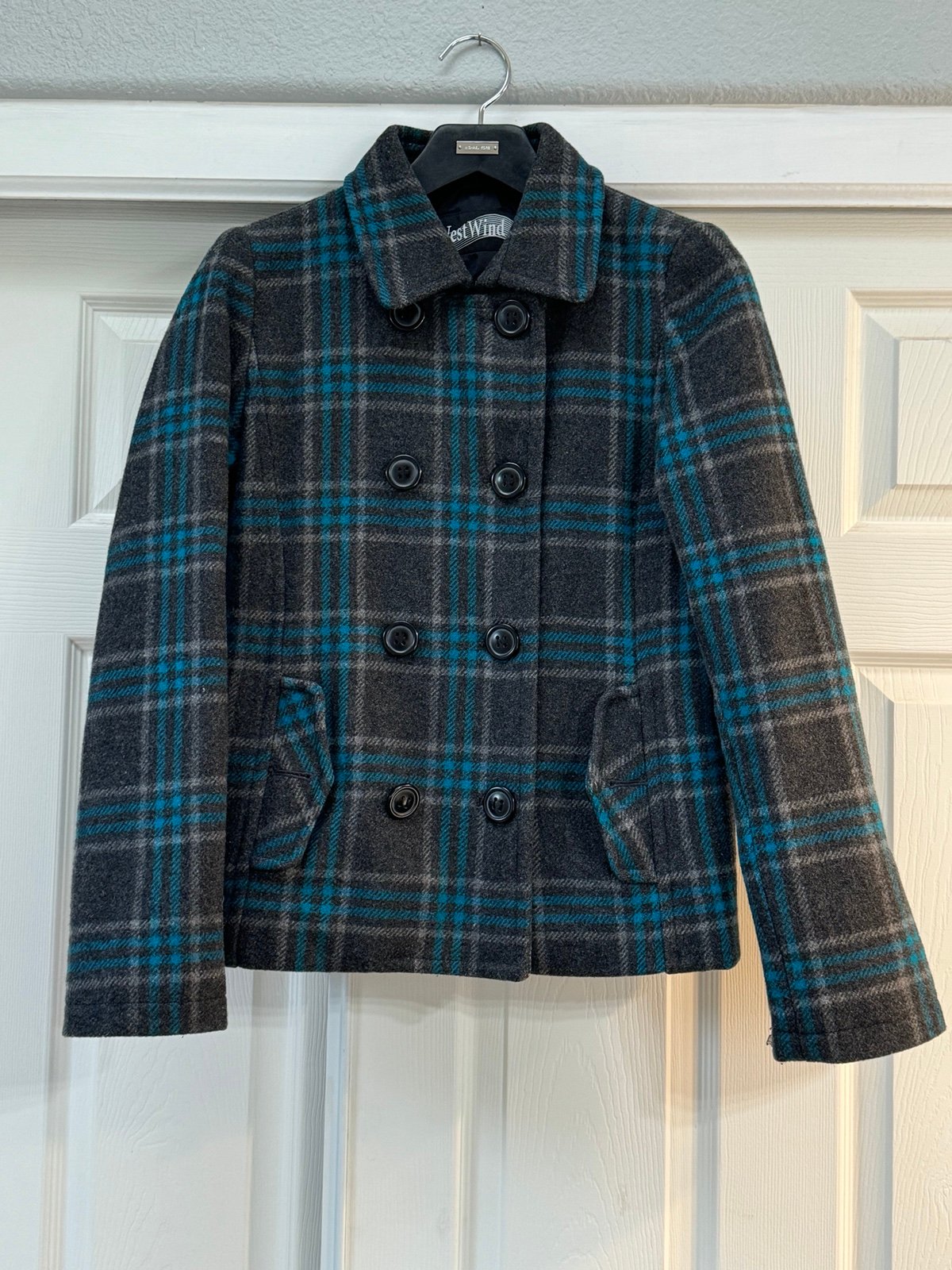 WestWind Grey and Blue Plaid Double Breasted Wool Blend Jacket Coat Size M
