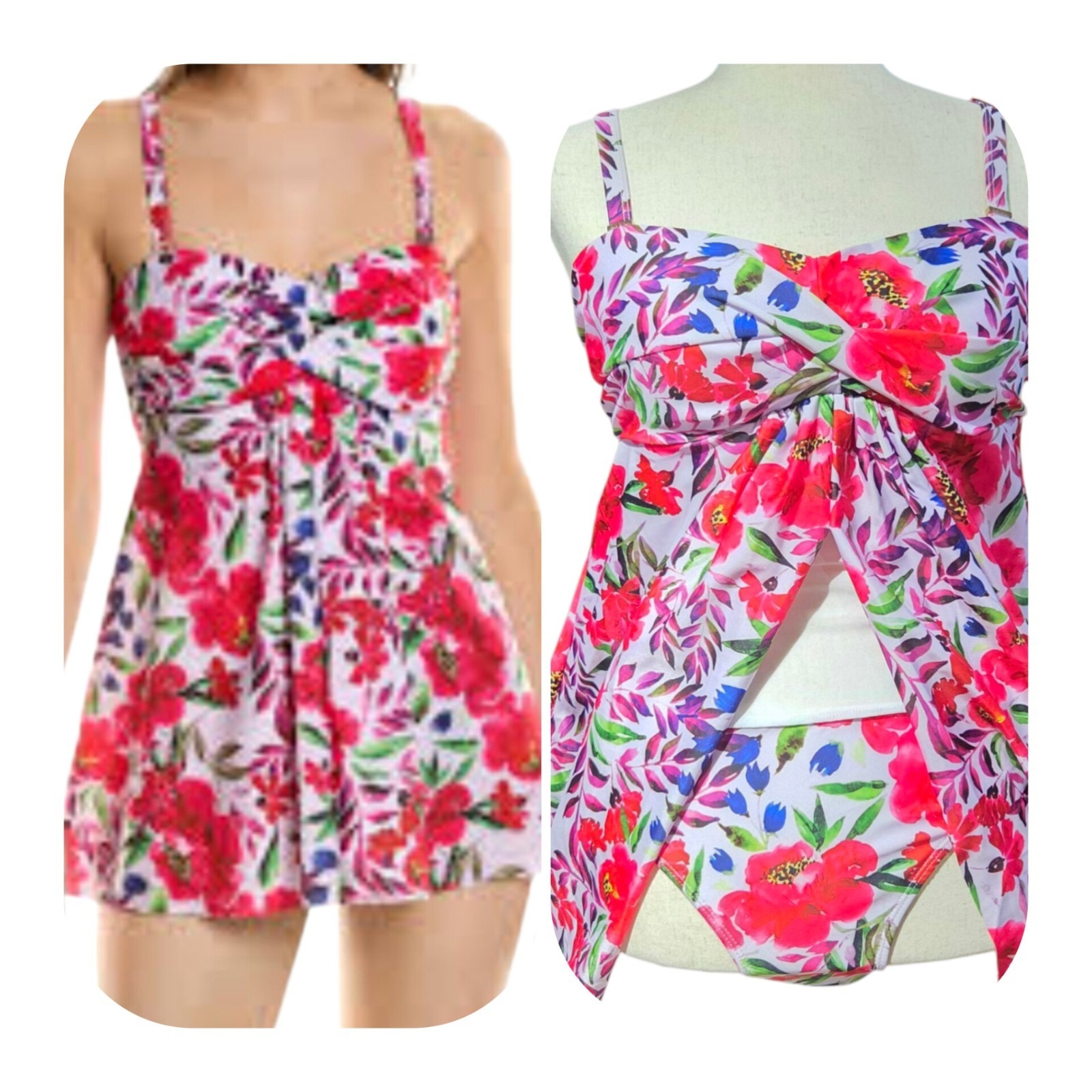 Nicole Miller Swimdress M Floral Multi Twist Bandeau Flyaway Swimsuit Swimwear