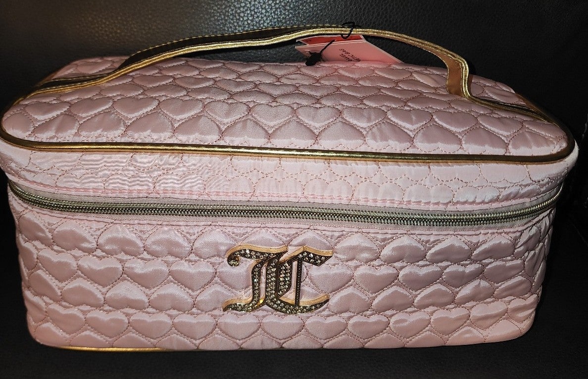 {Juicy Couture} Pink Quilted Hearts Train Case | Bling Cosmetic Bag |