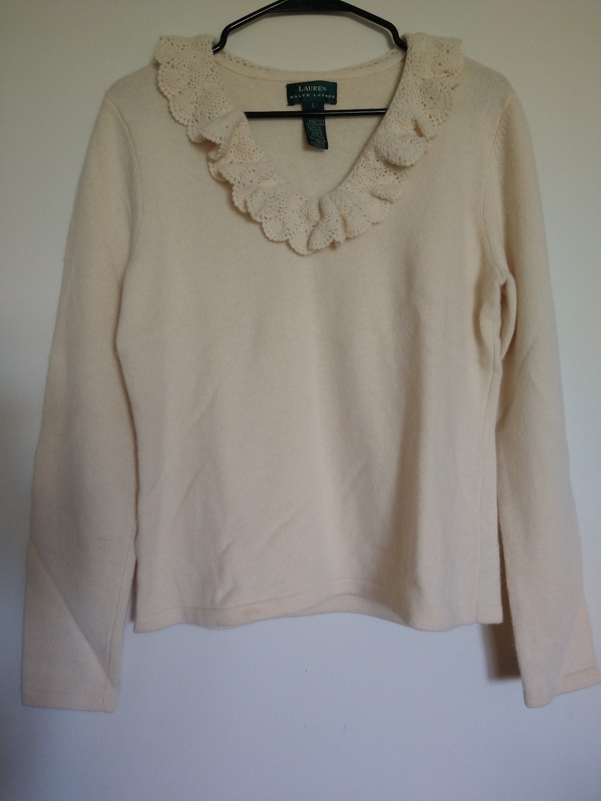 Lauren Ralph Women's sweater Large Merino Wool Rabbit Hair Cashmere Ivory Cashme
