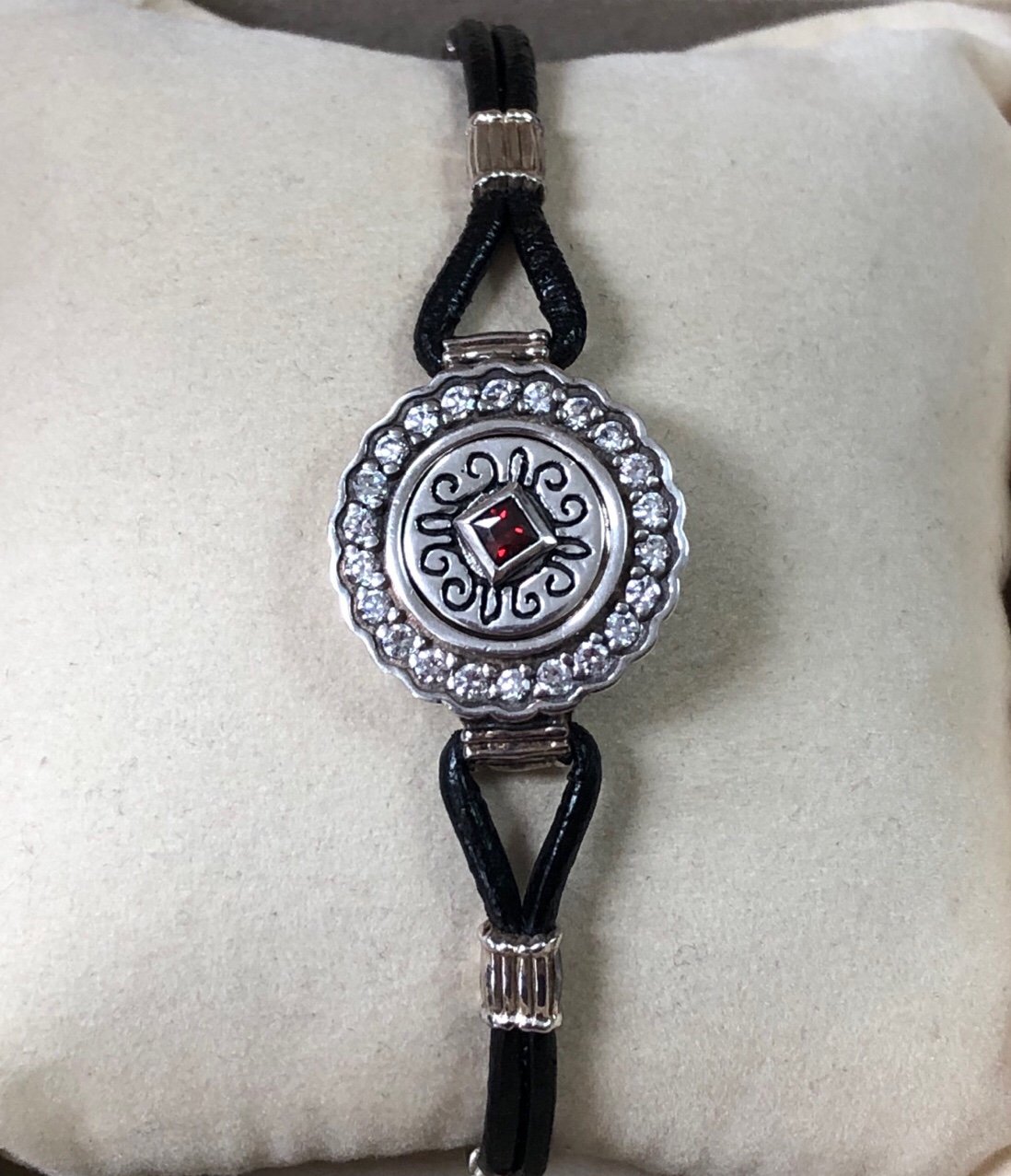 KAMELEON NEW *RARE* Scalloped Black Leather Bracelet & Red CZ JewelPop